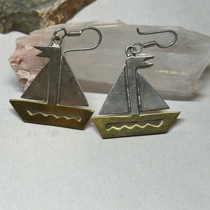 Sterling silver sailboat earrings dangles with brassy gold two tone look